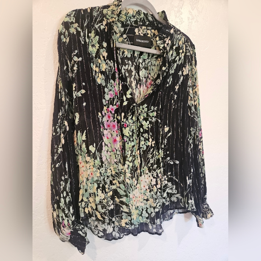 Sabina Musayev Top. Black Floral Bazooka Long Sleeve Blouse In Size Medium.